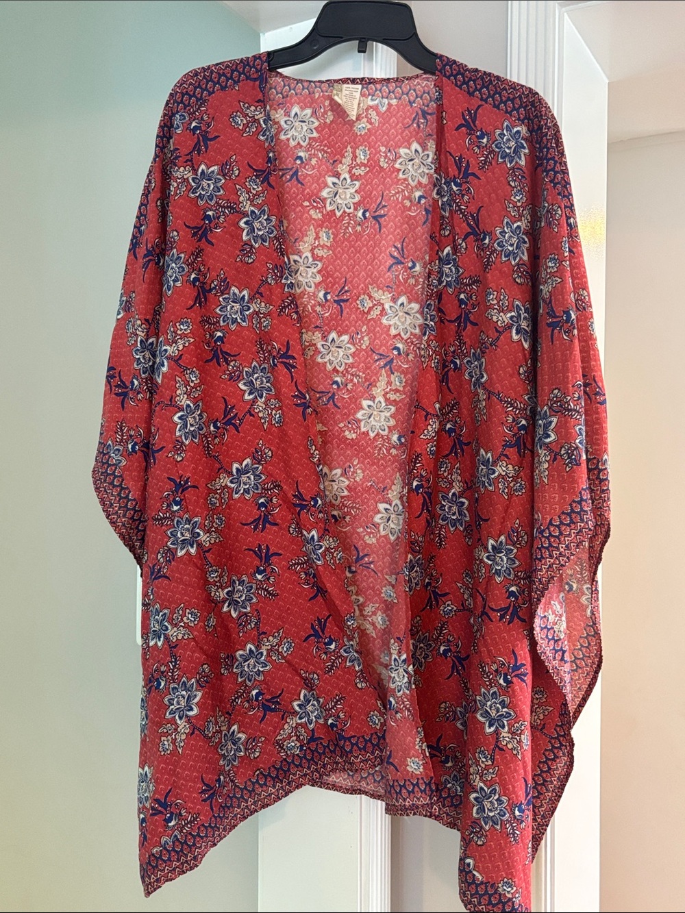 Japna Red Floral Kimono Cardigan with Blue and White Accents